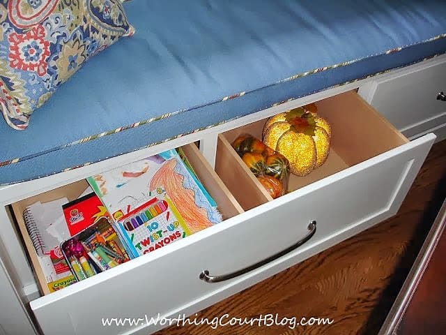 Kitchen window seat with built-in drawer for storage