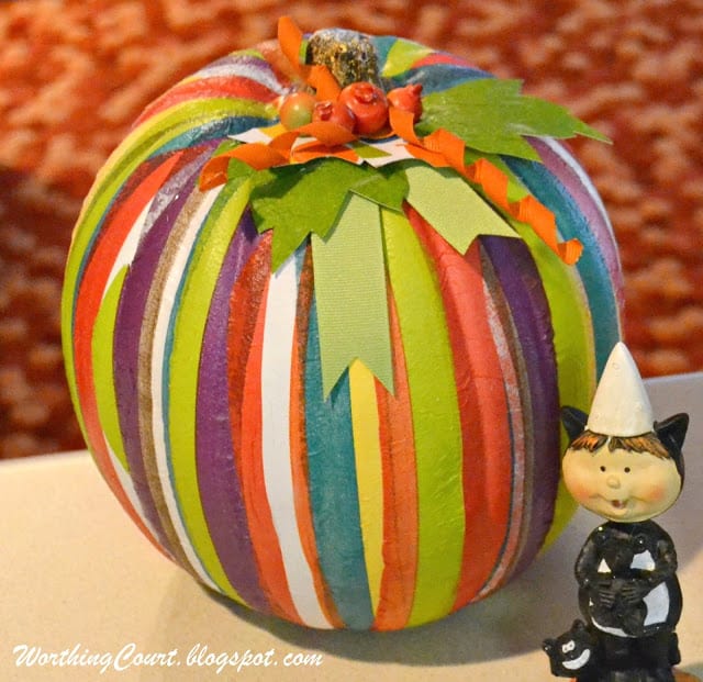 Completed faux pumpkin that has had decorative napkins strips applied with ModPodge