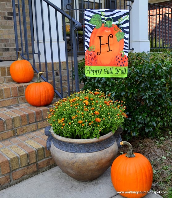 A decorative flag, a mum and some pumpkins for Fall