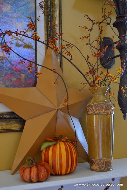 A container filled with bittersweet is perfect on a mantle decorated for Fall