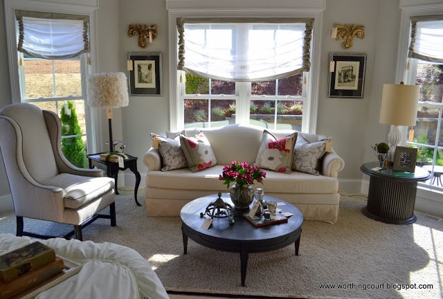 bedroom sitting area, faux roman shades via Worthing Court blog