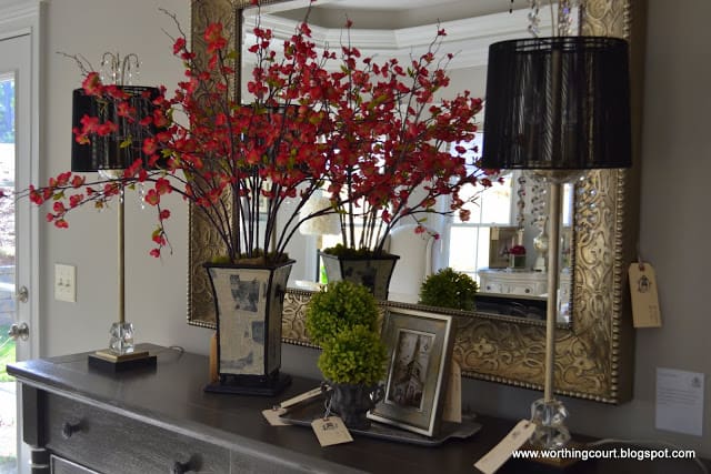 silver mirror, flowers and lamps on dresser via Worthing Court blog