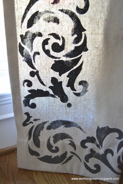 Stenciling detail on drop clothe draperies via Worthing Court blog