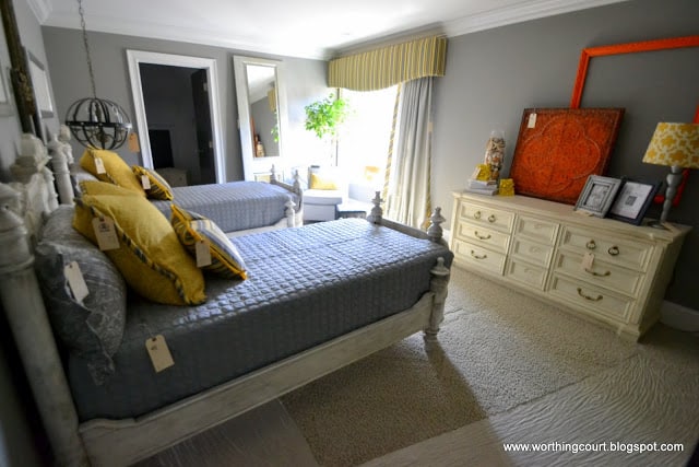yellow and gray bedroom via Worthing Court blog