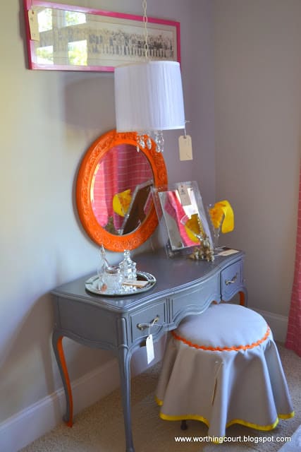 dressing table with bright colors via Worthing Court blog
