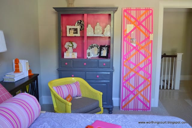 repurposed china cabinet and large pin board via Worthing Court blog