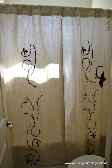 stenciled drop cloth shower curtain via Worthing Court blog