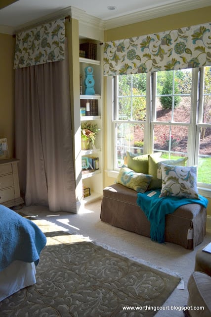 built-in shelves, draperies and bench with coordinating pillows via Worthing Court blog