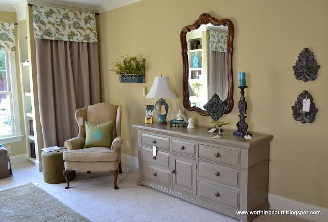 faux drapery panel, dresser and wall decor via Worthing Court blog