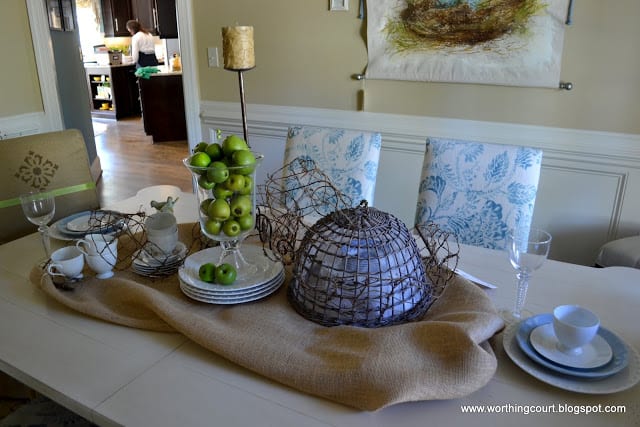 dining room table centerpiece with burlap and natural elements via Worthing Court blog