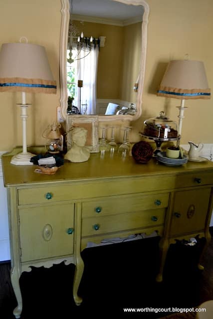 painted sideboard with crystal knobs, lamp shades with burlap ruffle and ribbon via Worthing Court blog