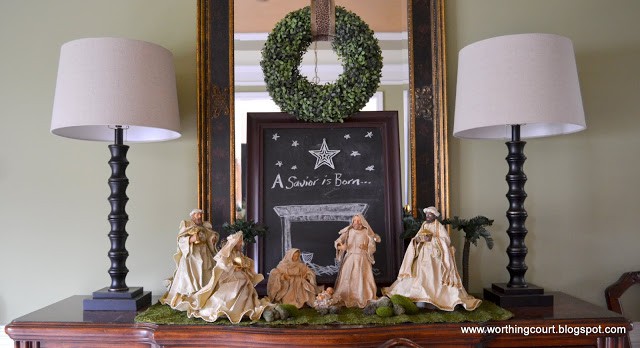 Christmas table, centerpiece, place settings and nativity scene at Worthing Court blog