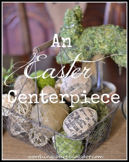 There lots of texture in this Easter centerpiece that is filled with burlap and natural elements with pops of green.