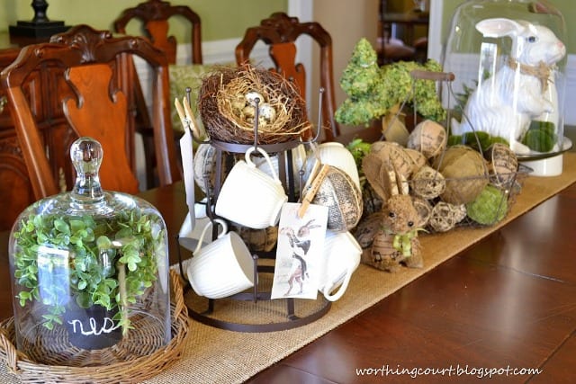 An Easter centerpiece with loads of interest and texture. Neutral colors with pops of fresh green.