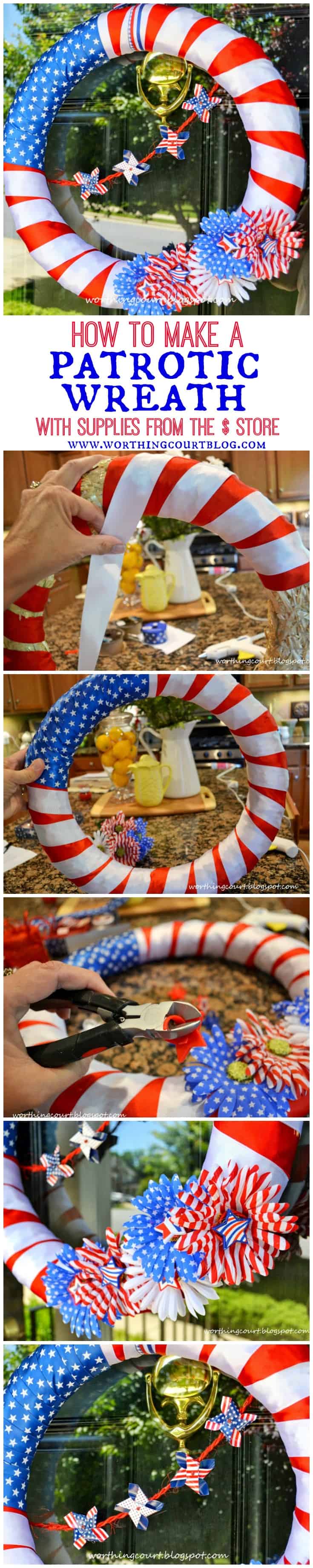 Step-by-step directions for making a patriotic wreath for Memorial Day, Flag Day and July 4th using supplies from the dollar store.