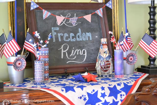 Patriotic July 4th Vignette on a sideboard.