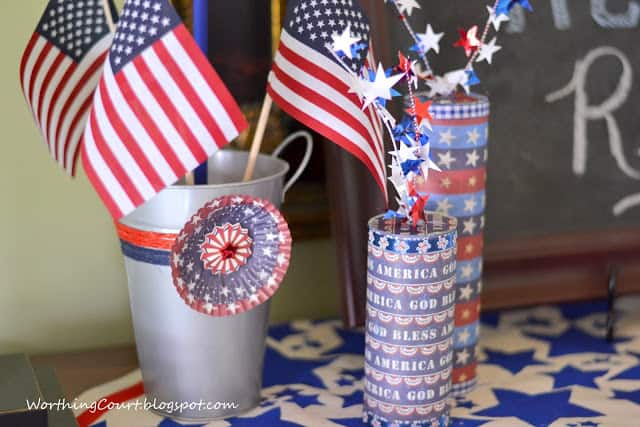 Patriotic containers with flags.