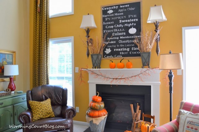 Worthing Court: Fall mantel with oversized chalkborad printable and pumpkin topiary