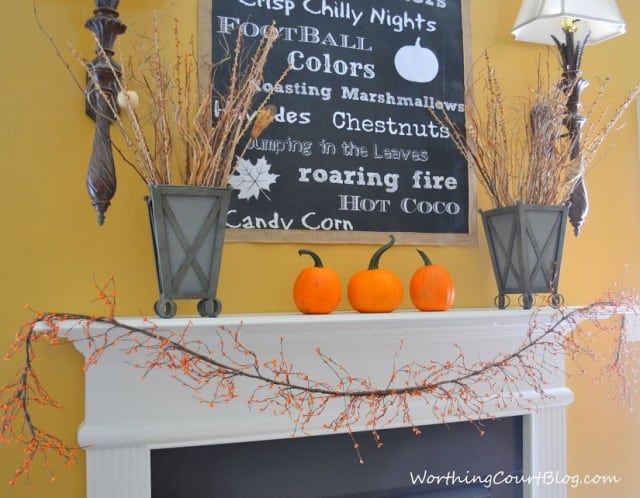 Worthing Court: Fall mantel with galvanized metal containers filled with natural elements