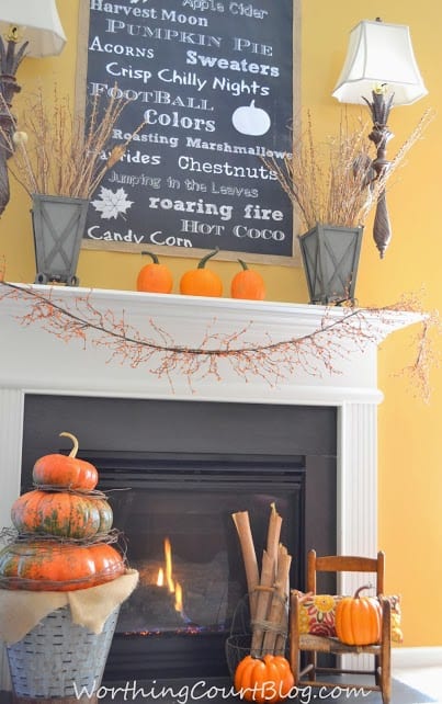 Worthing Court: Fall mantel with oversized chalkborad printable and pumpkin topiary