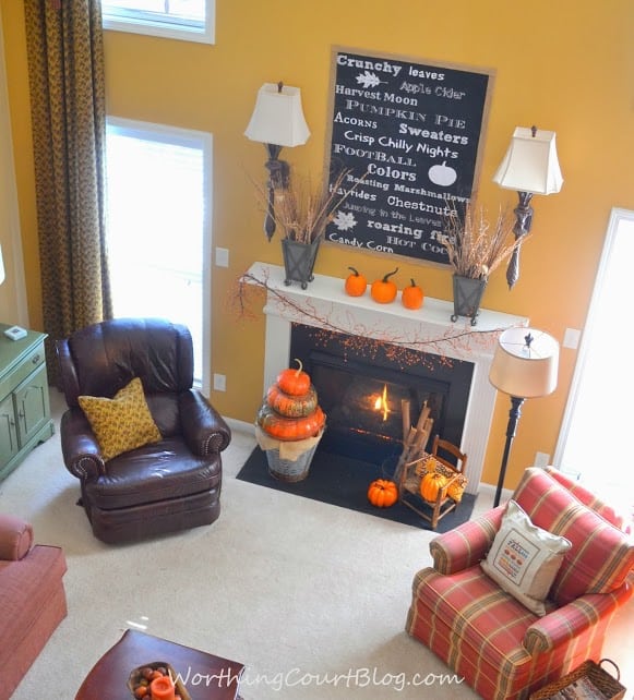 Worthing Court: Fall mantel with oversized chalkborad printable and pumpkin topiary