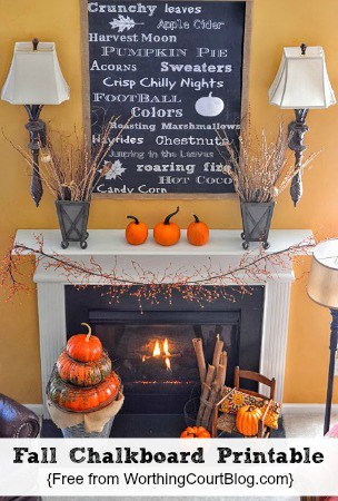 Free chalkboard printable above the fireplace
