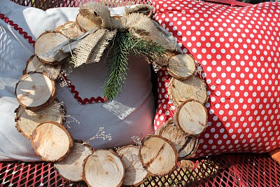 A rustic cut wood wreath.