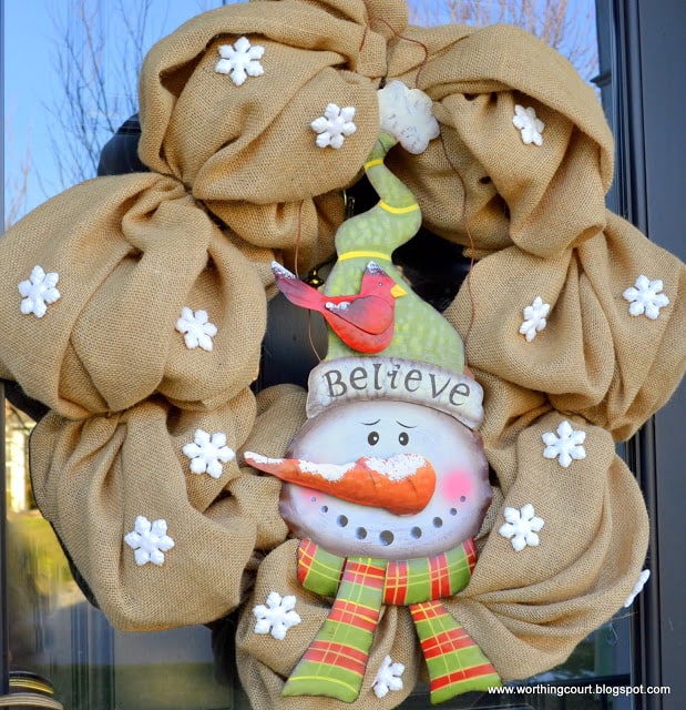 Worthing Court: Burlap snowman wreath
