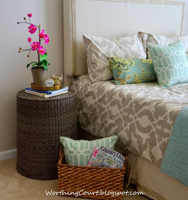 Worthing Court: Use an upside-down hamper for a nightstand.