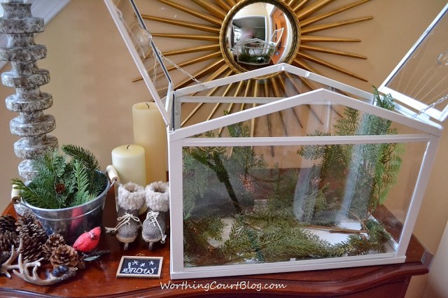 Worthing Court: Faux greenery placed in the terrarium to create a background