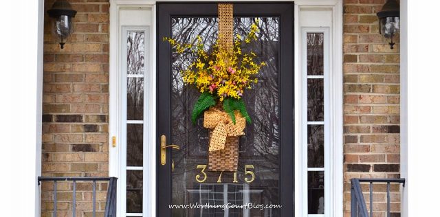 Nothing announces the arrival of spring more than when forsythia begins to bloom. Instead of a traditional wreath, fill a basket with faux forsythia stems and add a little something for color and greenery. Add ribbon to complete the welcoming arrangement. || Worthing Court Blog