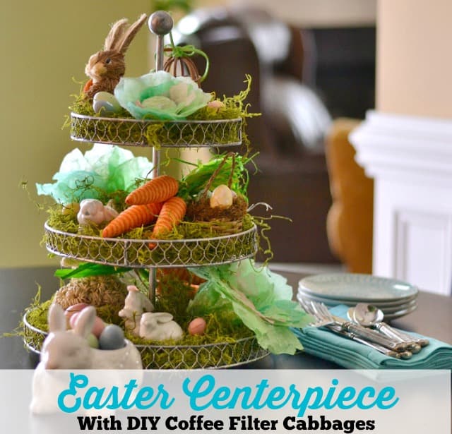 Easter centerpiece with diy cabbages made from coffee filters