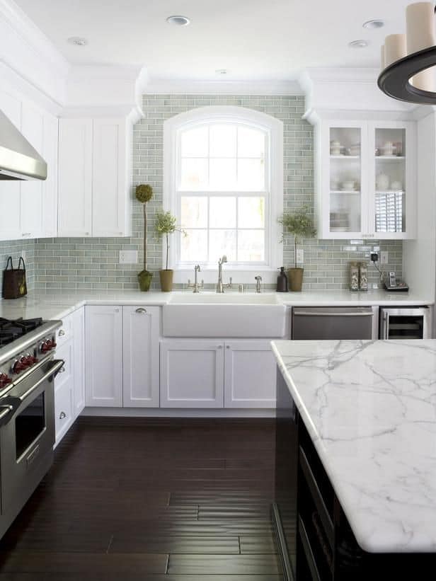 Visually extend the height of shorter cabinets by adding a soffit that goes up to the ceiling