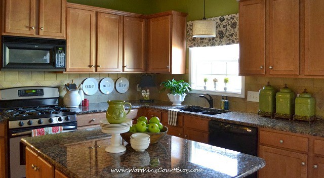 A DIY faux roman shade and other farmhouse touches in a kitchen