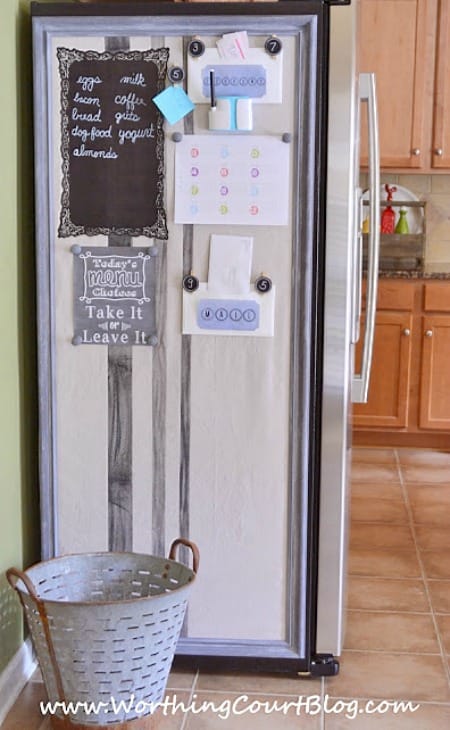 How to make a bulletin board that does double duty by also hiding the side of the refrigerator.