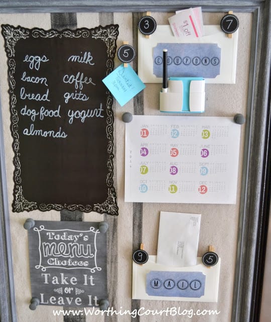 DIY bulletin board command center that also hides the side of a refrigerator