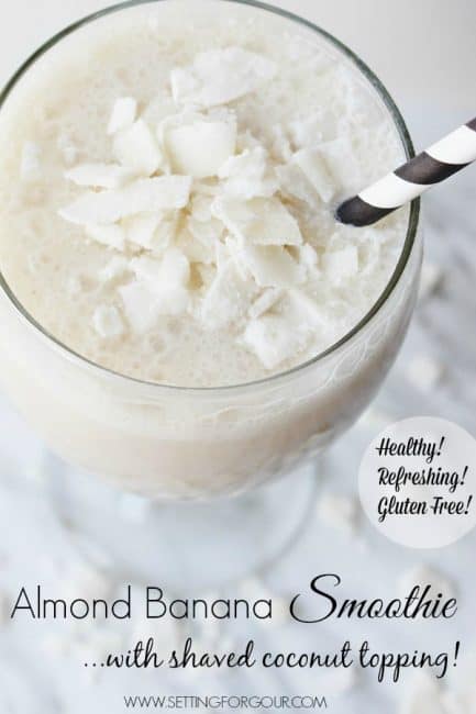 Healthy, refreshing, gluten free recipe for an Almond Banana Smoothie with a shaved coconut topping