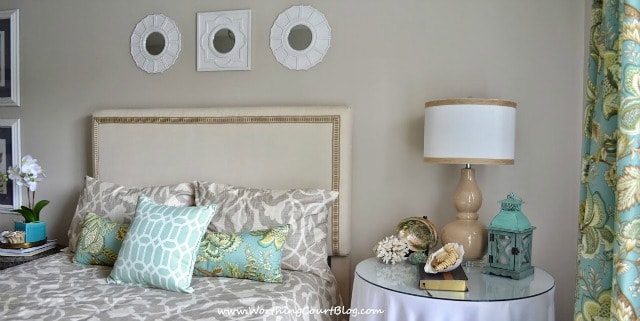 Bedroom decorating ideas - Neutral and aqua bedroom with a diy dropcloth covered headboard