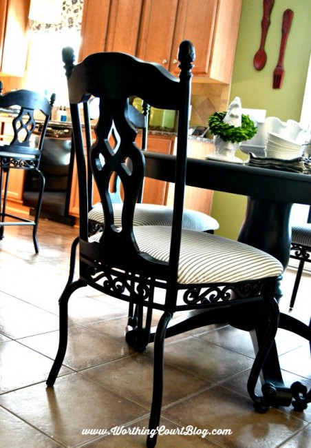 Kitchen chair makeover with black spray paint and black and white ticking fabric || WorthingCourtBlog.com