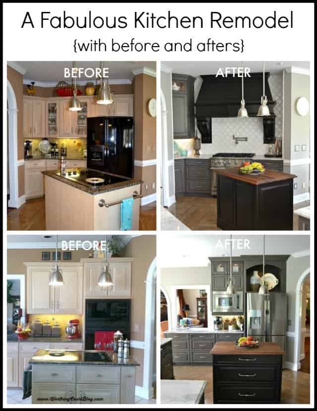 Before and afters of a beautiful kitchen remodel featuring gray cabinets, a custom black hood and carrera look quartz counters