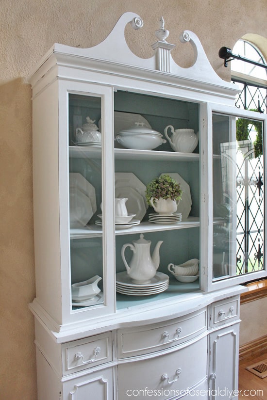 Duck Egg Blue and White china cabinet makeover