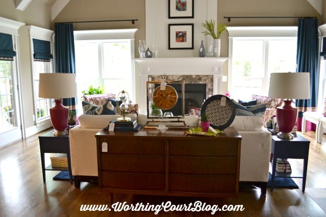 Family room decorated with mid-century colors and styling