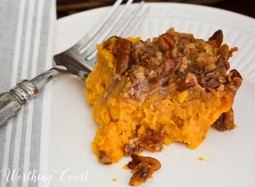 Up close picture of the casserole on a white plate.