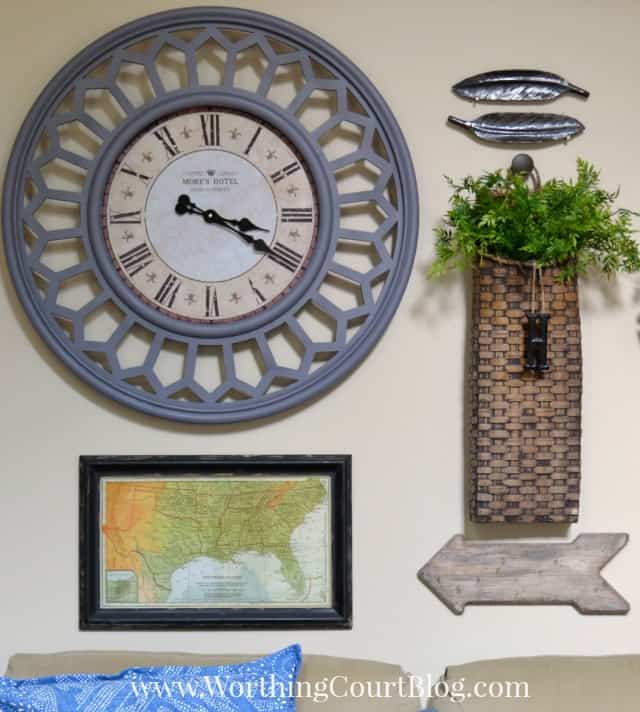 Family room gallery wall above a sofa