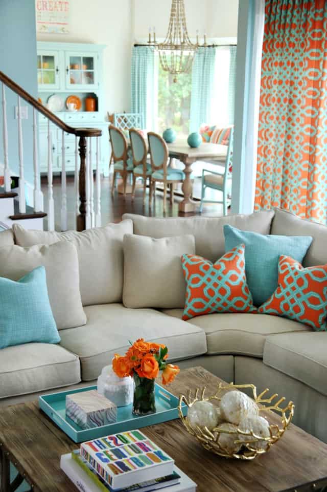 Turquoise and coral living and dining room