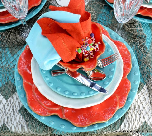 Turquoise and coral tablescape
