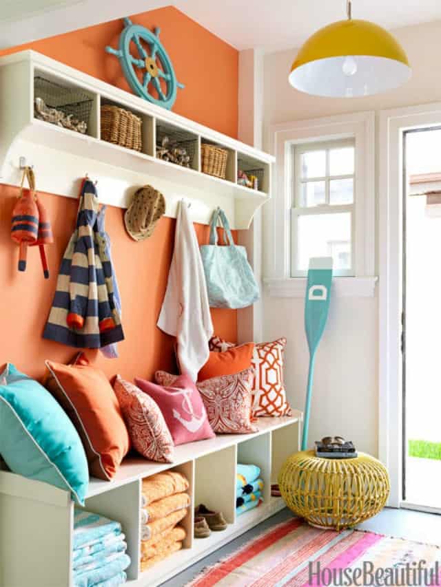 Turquoise and coral mudroom drop zone