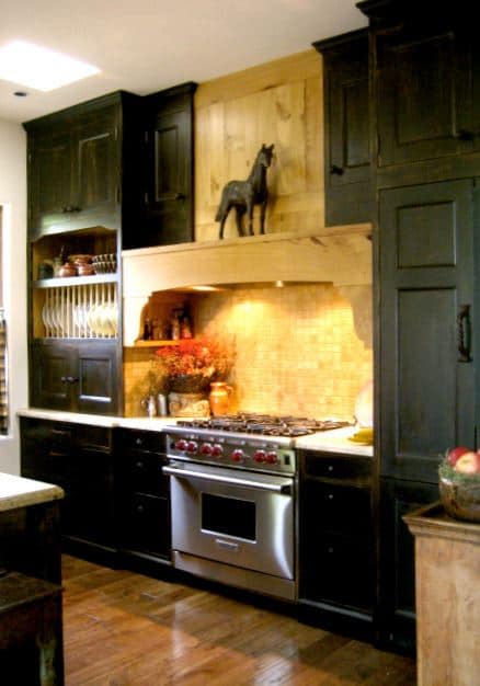 handscraped hardwood floors paired with dark cabinets.