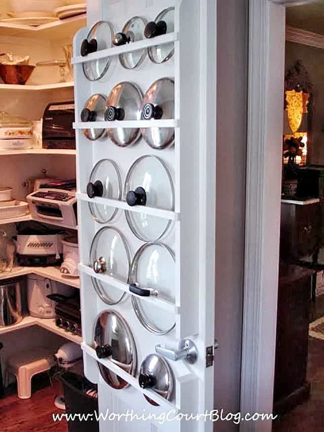 Use the back of a pantry door to store pot lids. Multiple curtain rods attached to the door would accomplish the same thing.