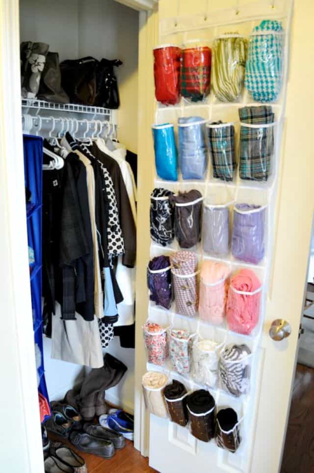 Hand a shoe bag on a closet door to hold gloves, mittens, hats and scarves